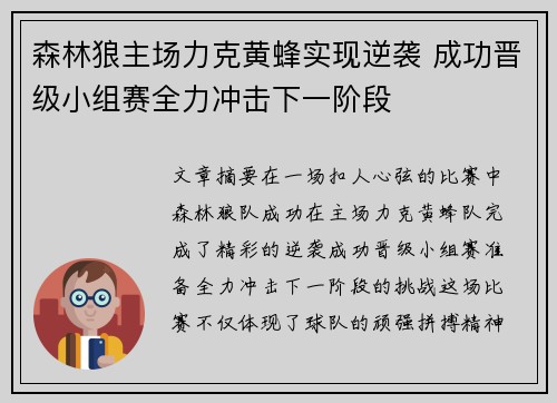 森林狼主场力克黄蜂实现逆袭 成功晋级小组赛全力冲击下一阶段