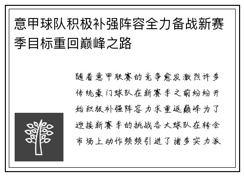 意甲球队积极补强阵容全力备战新赛季目标重回巅峰之路