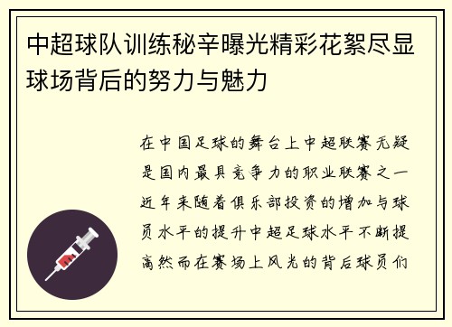 中超球队训练秘辛曝光精彩花絮尽显球场背后的努力与魅力