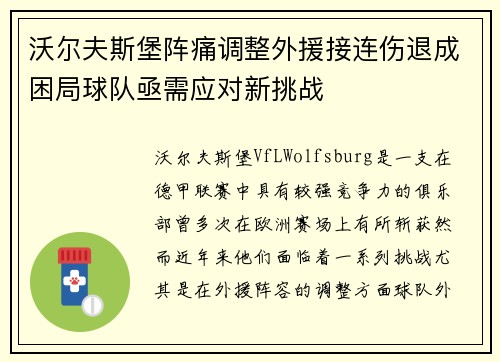 沃尔夫斯堡阵痛调整外援接连伤退成困局球队亟需应对新挑战