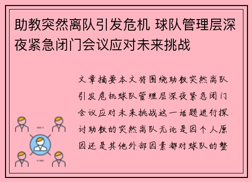 助教突然离队引发危机 球队管理层深夜紧急闭门会议应对未来挑战